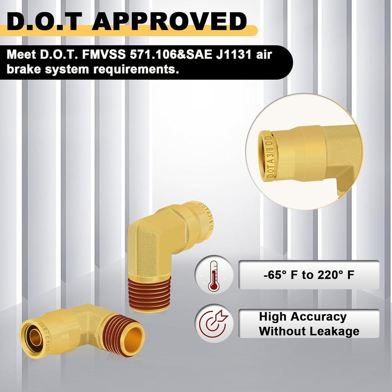 Siptenk 3/8" Elbow DOT Brass Push to Connect Air Line Fittings 5 PCS, 3/8" OD Tube x 1/4" NPT Thread Air Brake Line Quick Connect Fittings for Truck Trailers Industry Air System - Image 4